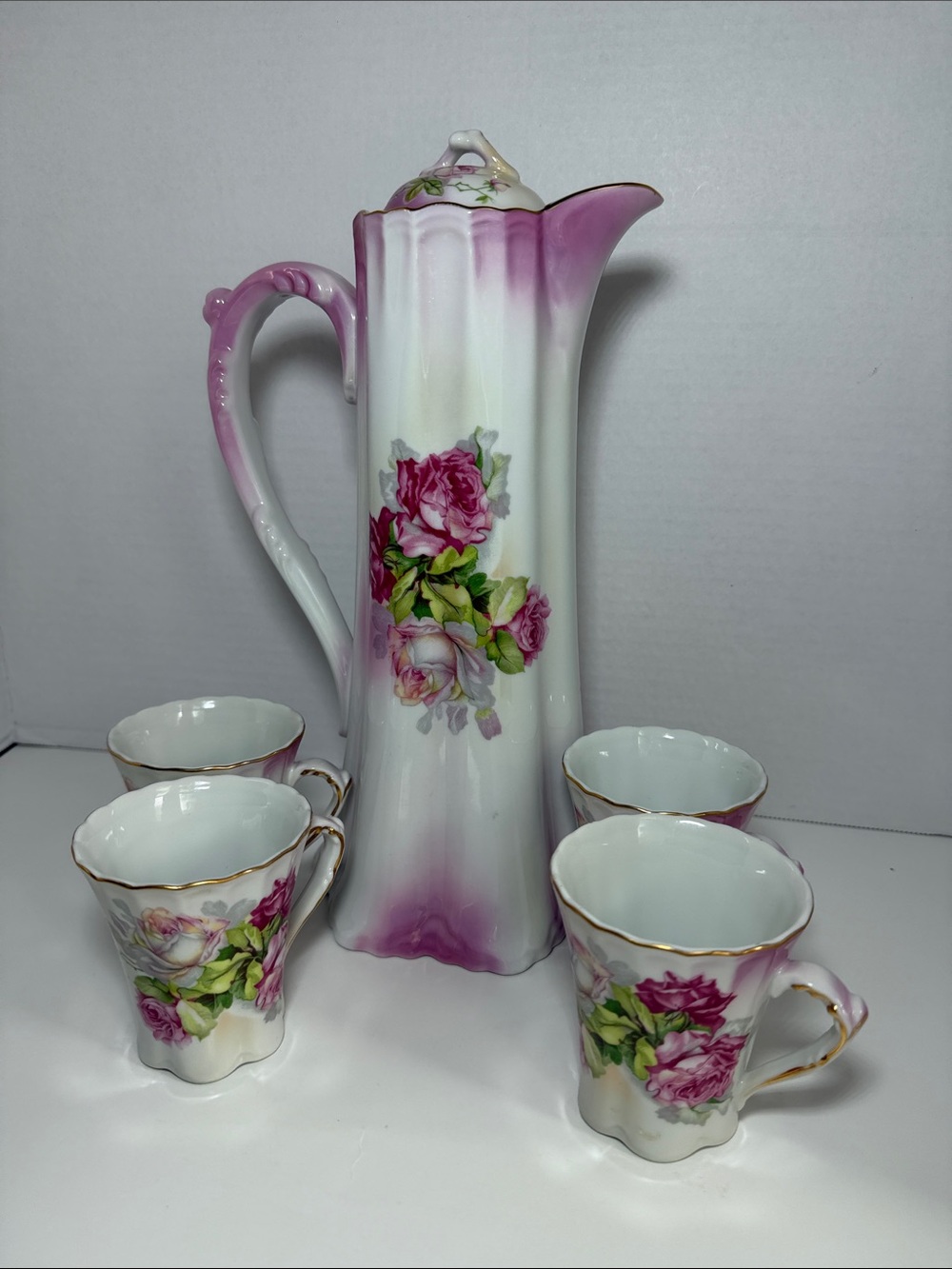 Vintage Nippon Hand Painted Chocolate Pot Set Pink Roses Porcelain Tea Set Japan